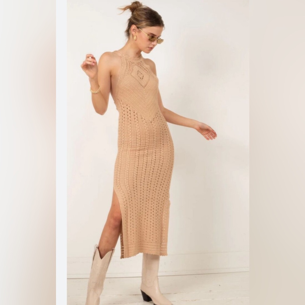 Spell Mirage Crochet Knit Midi Dress in walnut π° XS - Picture 7 of 13